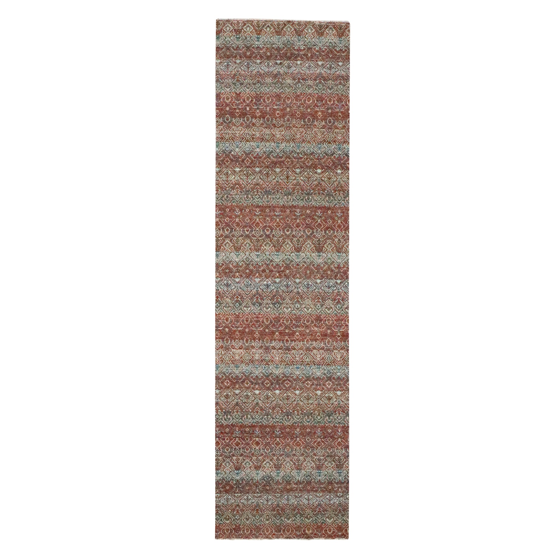 2'7"x10'2" Chili Red, Kohinoor Herat with Small Geometric Repetitive Diamond Pattern, Soft and Shiny Wool, Tone On Tone, Hand Knotted, Runner, Oriental Rug 